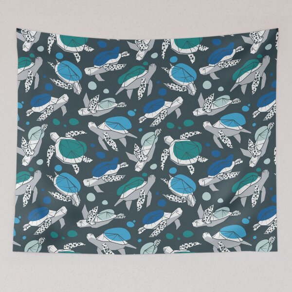 Item preview, Keep the sea turtles happy and plastic free // charcoal background blues and greens Ultra-Steady palette geometric sea animals designed and sold by SelmaCardoso.