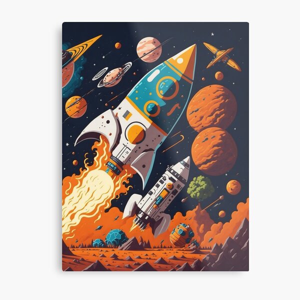 Astronaut on an Unknown Planet Retro Space Poster Stylization, Spaceman  with Helmet, Rockets Launching, Flying Space Rockets Stock Vector