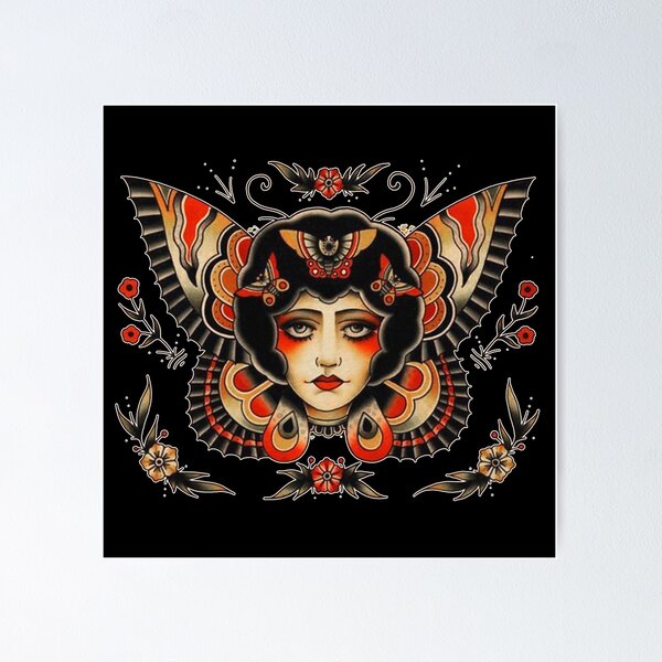 Item preview, Traditional Butterfly Gypsy lady and Flowers Tattoo designed and sold by Cesar Caligula.