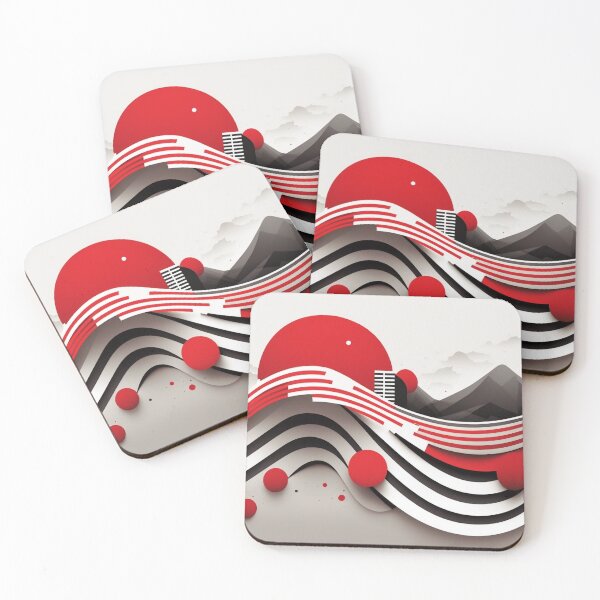 Item preview, Abstract Japanese Waves and Sun Art in Red and Gray designed and sold by gullettm.