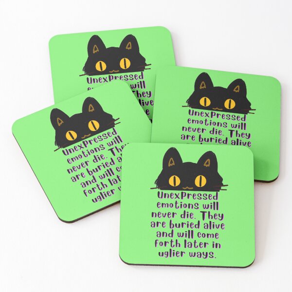 Item preview, Cat illustration and Freud quote: Unexpressed emotions will never die. They are buried alive and will come forth later in uglier ways. designed and sold by artbleed.