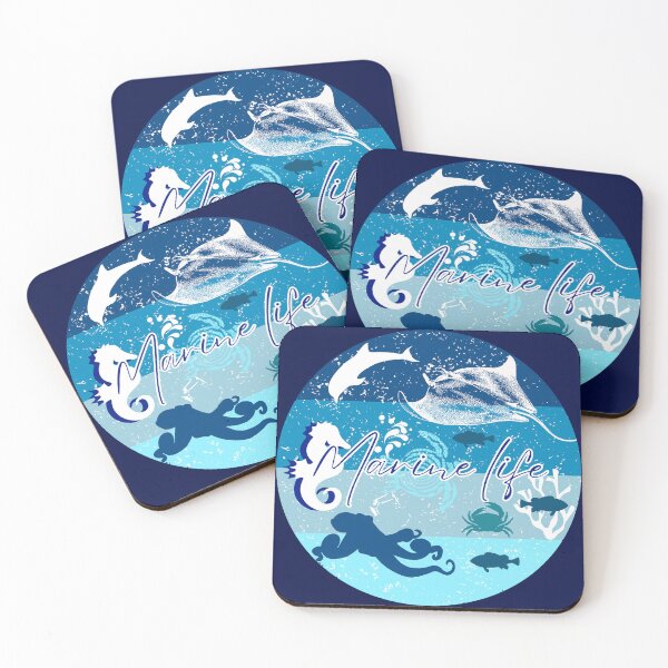 Item preview, Marine Life, illustration in various shades of blue with beautiful silhouettes of ocean animals. designed and sold by Malogue.