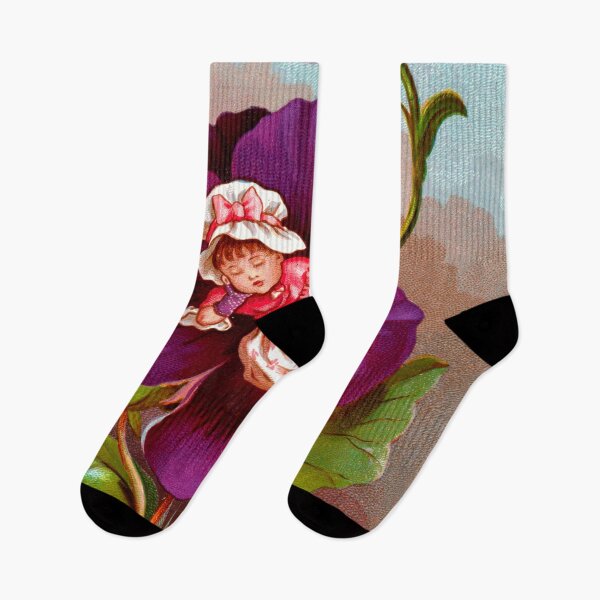 Item preview, Cottage core sleeping elf girl in purple Pansy flower cartoon art for nursery gift for girl designed and sold by Lady-Frost.