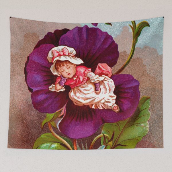Item preview, Cottage core sleeping elf girl in purple Pansy flower cartoon art for nursery gift for girl designed and sold by Lady-Frost.