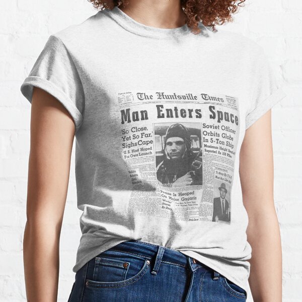 Man Enters Space #man #enters #space #matureadult #adult #newspaper #people #text #portrait #print #journalist #business #press #journalism #coverage #real #people #black  #white #monochrome #bright Classic T-Shirt