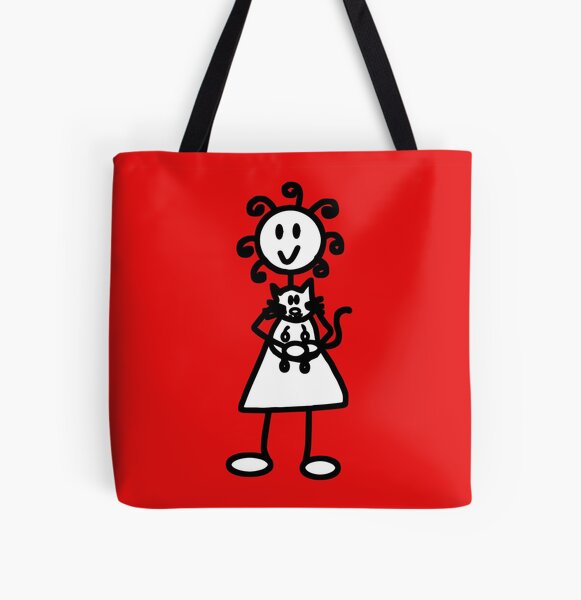 The Girl with the Curly Hair Holding Cat - Red All Over Print Tote Bag