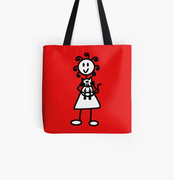 The Girl with the Curly Hair Holding Cat - Red All Over Print Tote Bag