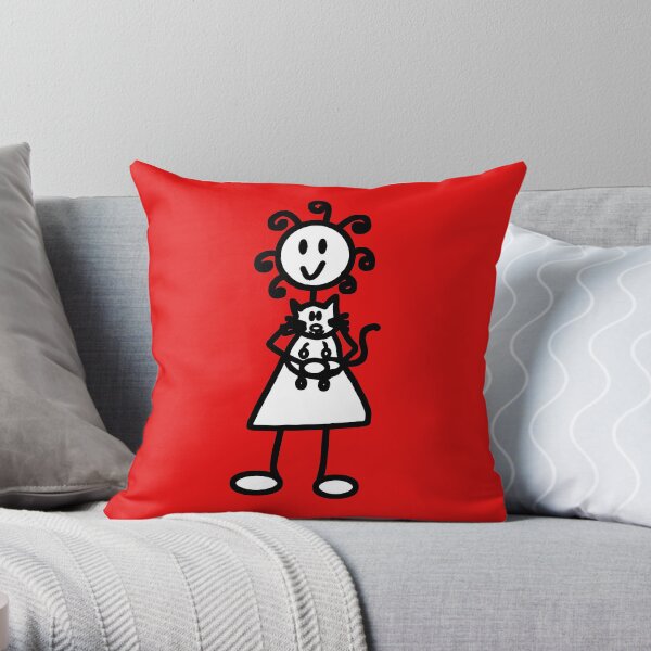 The Girl with the Curly Hair Holding Cat - Red Throw Pillow