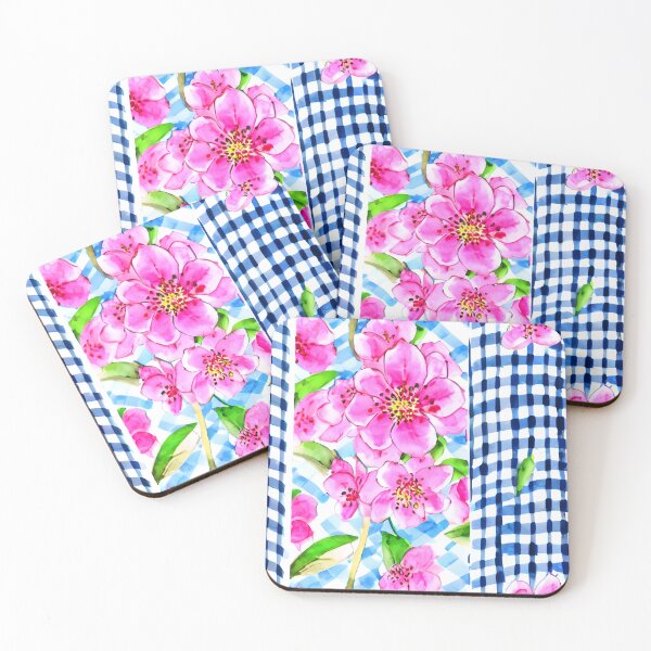 Item preview, Pink flowers and blue gingham  designed and sold by SophieClimaArt.