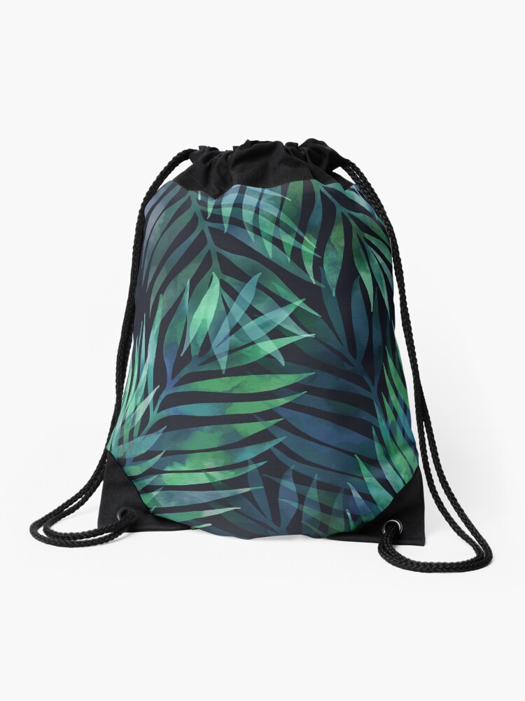 Thumbnail 1 of 3, Drawstring Bag, Dark green palms leaves pattern designed and sold by MartaOlgaKlara.