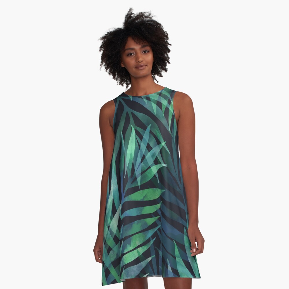 Dark green palms leaves pattern A-Line Dress