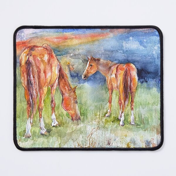 Item preview, Watercolor landscape with red horses. designed and sold by Elena Reutova.
