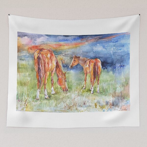 Item preview, Watercolor landscape with red horses. designed and sold by Elena Reutova.