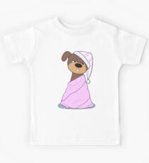 Sleepy Dog Wrapped in Pink Blankets Kids Tee