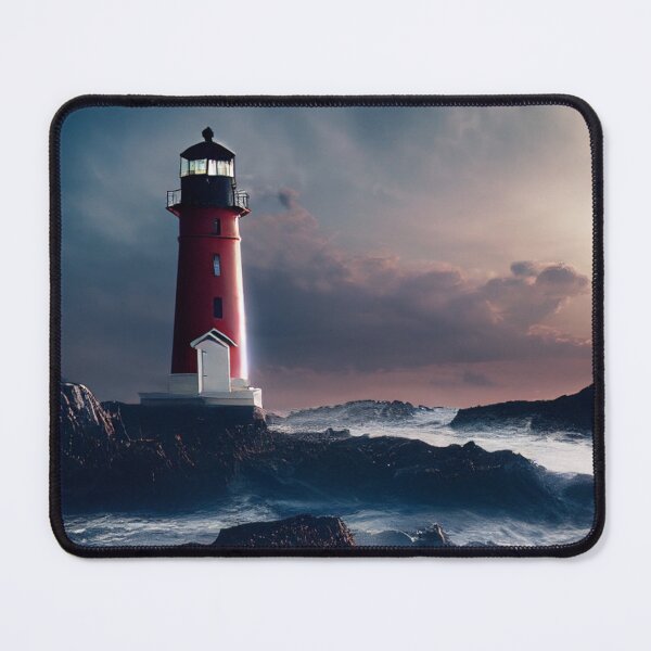 Item preview, landscape featuring a red lighthouse on rocks in a beach designed and sold by zoldi.