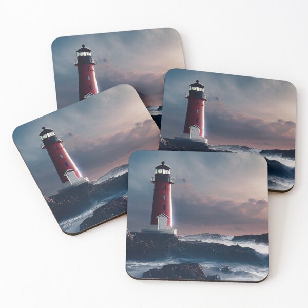 Item preview, landscape featuring a red lighthouse on rocks in a beach  designed and sold by zoldi.