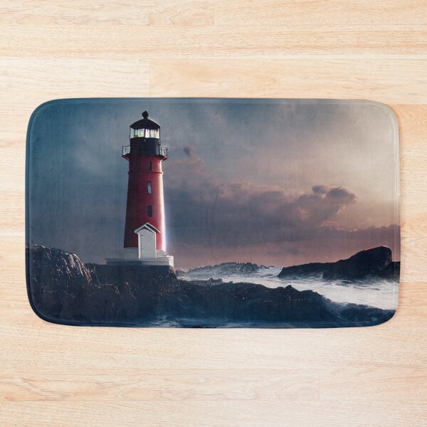 Item preview, landscape featuring a red lighthouse on rocks in a beach  designed and sold by zoldi.