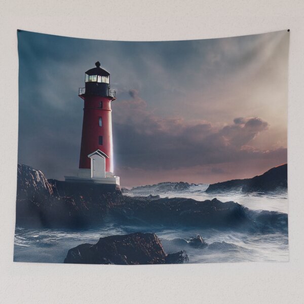 Item preview, landscape featuring a red lighthouse on rocks in a beach  designed and sold by zoldi.