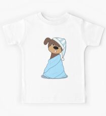 Sleepy Dog Wrapped in Blue Blankets Kids Tee