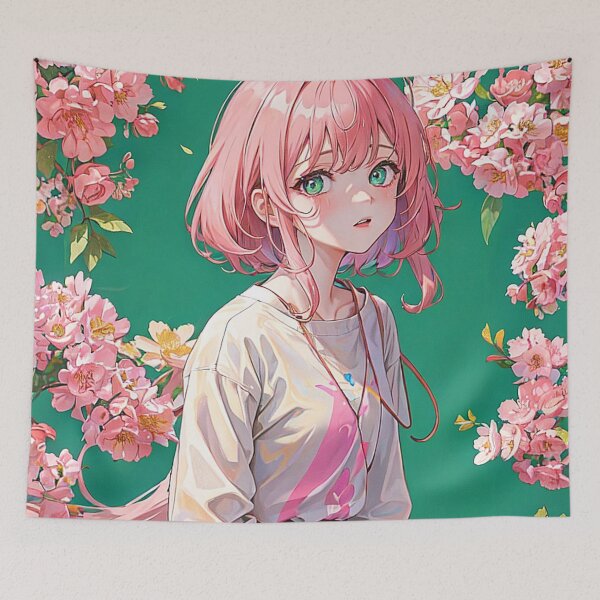 Item preview, Pink-Haired Shy Girl with Flowers designed and sold by ViridianSonder.