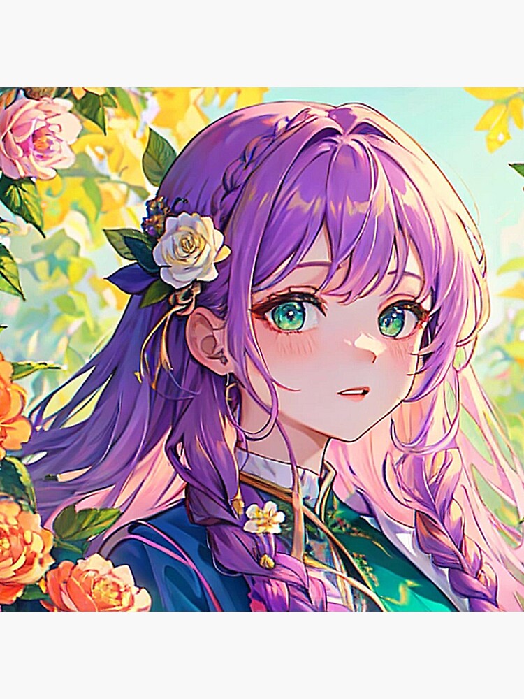 Purple-Haired, Green-Eyed Flowery Anime Girl Pin for Sale by  ViridianSonder