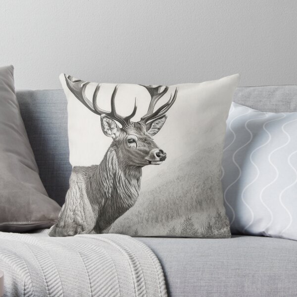 Vintage Deer Drawing in Black and White Throw Pillow