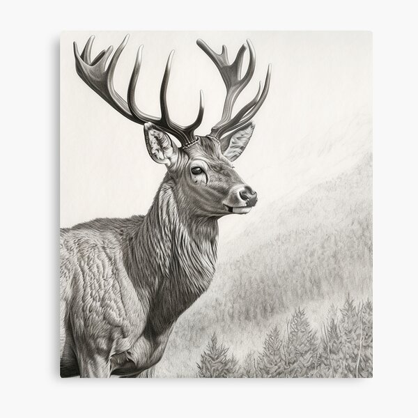 Vintage Deer Drawing in Black and White Metal Print