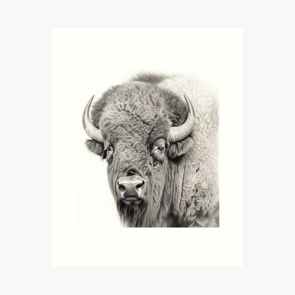 Vintage American Buffalo Drawing in Black and White Art Print