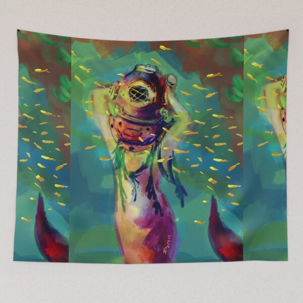 Item preview, Mermay Mermaid stuck in a deepsea diver helmet undersea underwater fantasy art designed and sold by sandpaperdaisy.