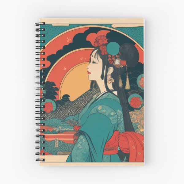 Item preview, a woman in a blue and red kimono, oriental art nouveau designed and sold by teebubbleshop.