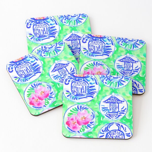Item preview, Chinoiserie pagodas on lime green designed and sold by SophieClimaArt.
