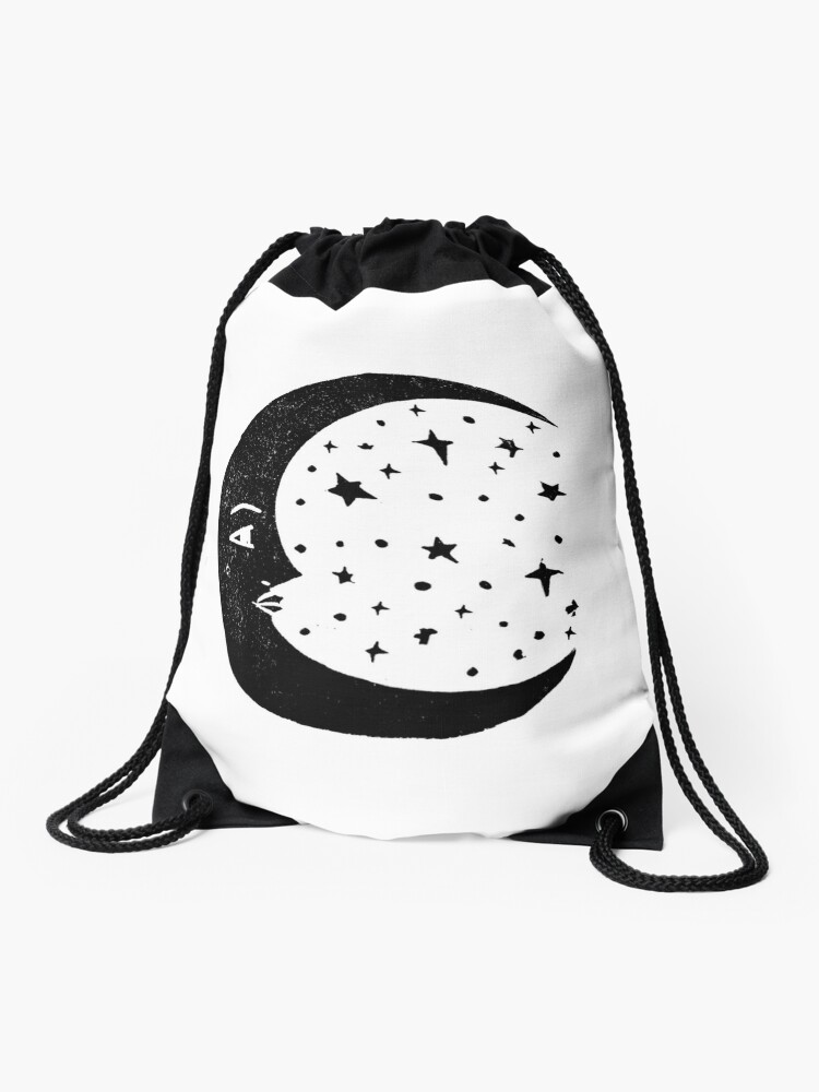 Sac A Cordon Linogravure Lune Croissant De Lune Cycle Gravure Lunaire Art Decor Noir Et Blanc Par Monooprints Redbubble