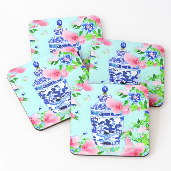 Item preview, Peonies and chinoiserie jars on blue designed and sold by SophieClimaArt.