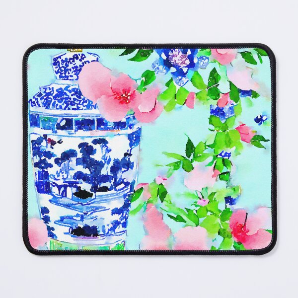 Item preview, Peonies and chinoiserie jars on blue designed and sold by SophieClimaArt.
