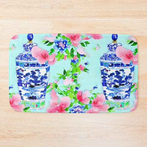 Item preview, Peonies and chinoiserie jars on blue designed and sold by SophieClimaArt.