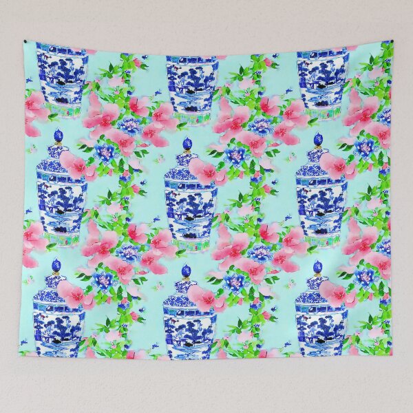 Item preview, Peonies and chinoiserie jars on blue designed and sold by SophieClimaArt.