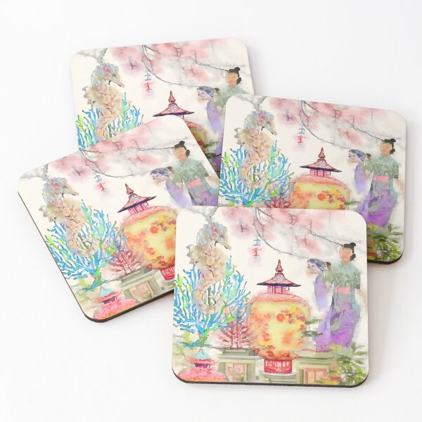 Item preview, Chinoiserie landscape with seahorse watercolor painting designed and sold by SophieClimaArt.
