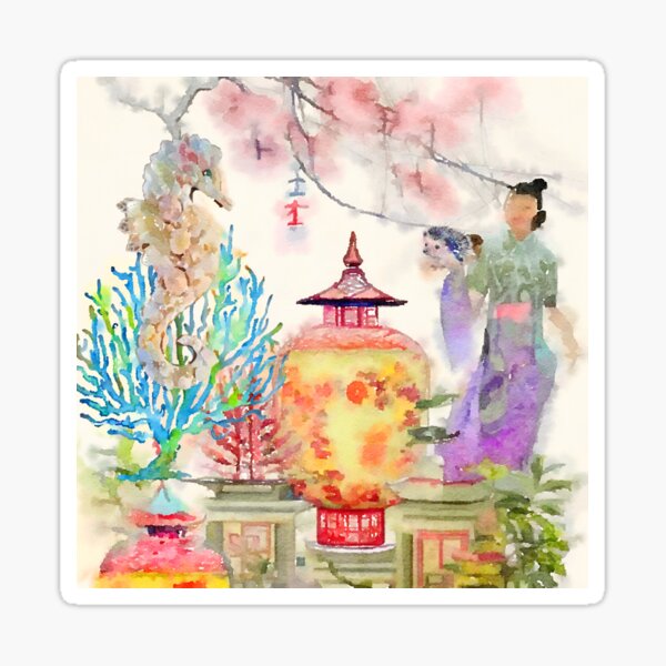 Item preview, Chinoiserie landscape with seahorse watercolor painting designed and sold by SophieClimaArt.
