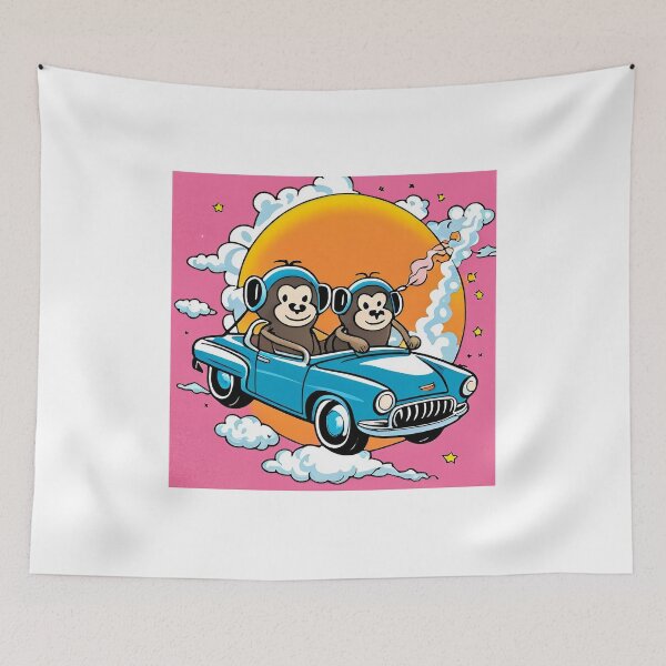 Item preview, funny cartoon monkeys driving an old convertible car - vector illustration. designed and sold by LooperSDart.