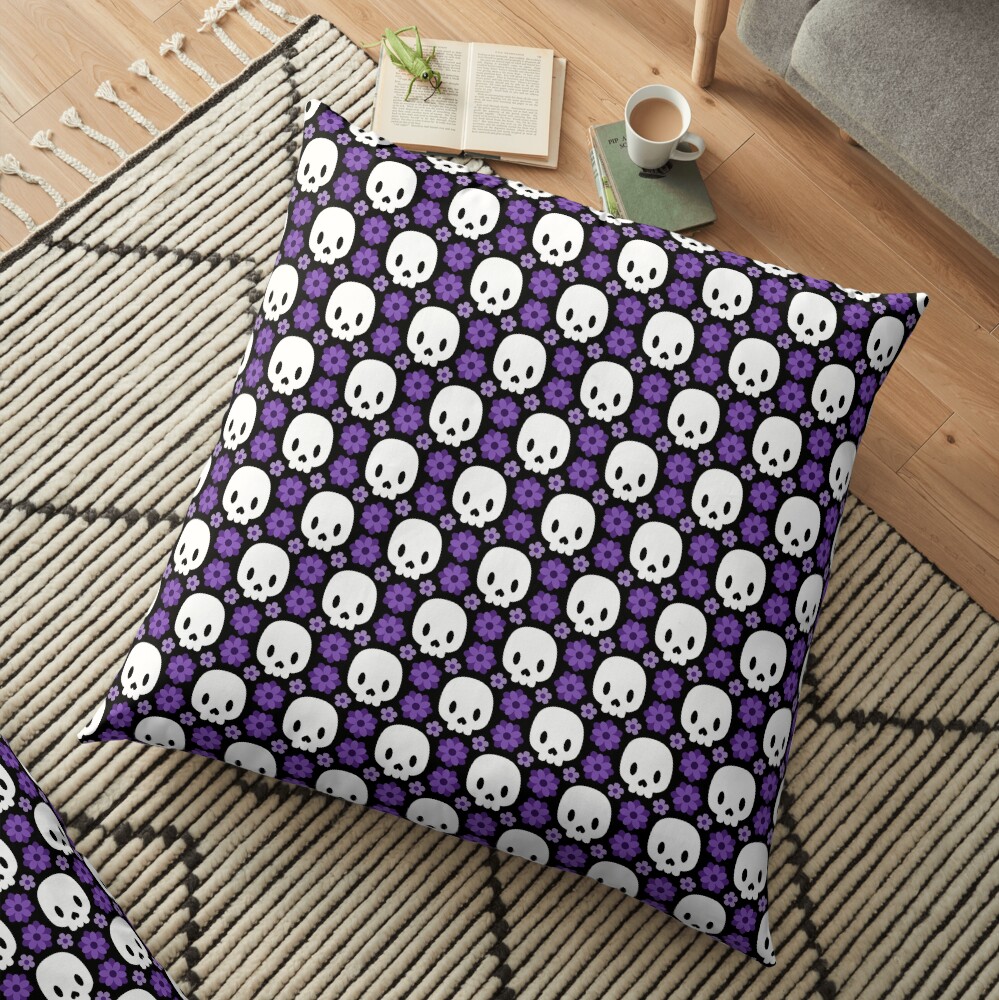 Skulls and purple flowers Floor Pillow