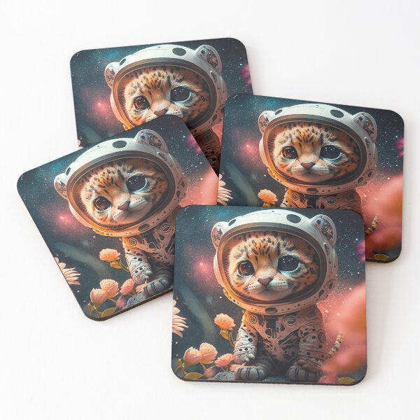 Item preview, Full body shot of a cute baby cheetah astronaut in space with floral and space background. designed and sold by HappyPrompt.