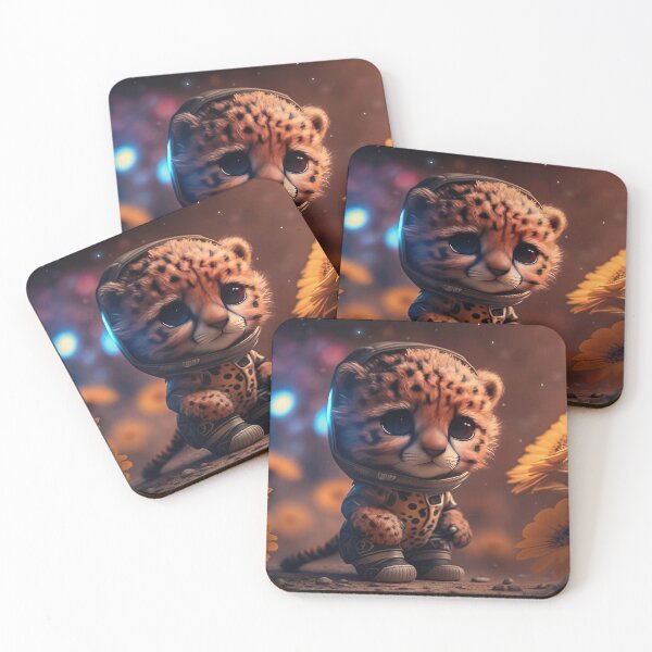 Item preview, Full body shot of an adorable baby cheetah astronaut in space with floral and space background. designed and sold by HappyPrompt.