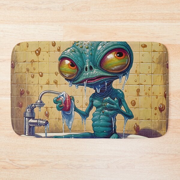 Item preview, Cartoon alien taking a shower, tasting soap designed and sold by Rebelka.