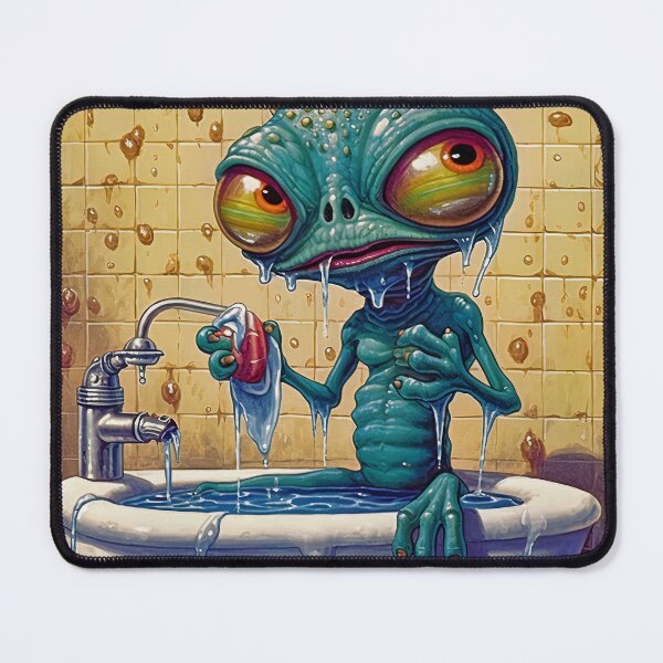 Item preview, Cartoon alien taking a shower, tasting soap designed and sold by Rebelka.