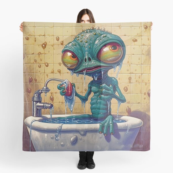 Item preview, Cartoon alien taking a shower, tasting soap designed and sold by Rebelka.