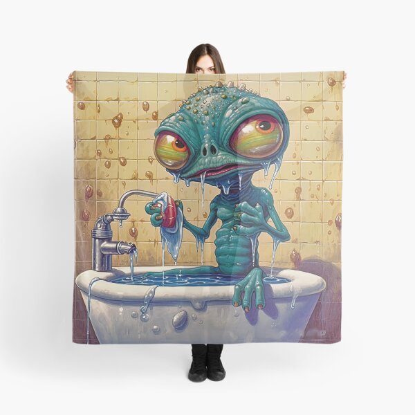 Item preview, Cartoon alien taking a shower, tasting soap designed and sold by Rebelka.