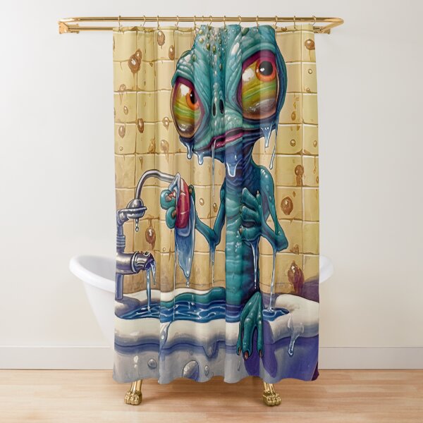 Item preview, Cartoon alien taking a shower, tasting soap designed and sold by Rebelka.
