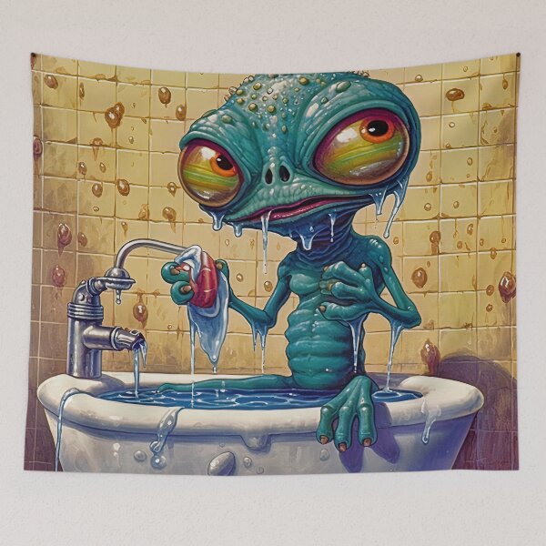 Item preview, Cartoon alien taking a shower, tasting soap designed and sold by Rebelka.
