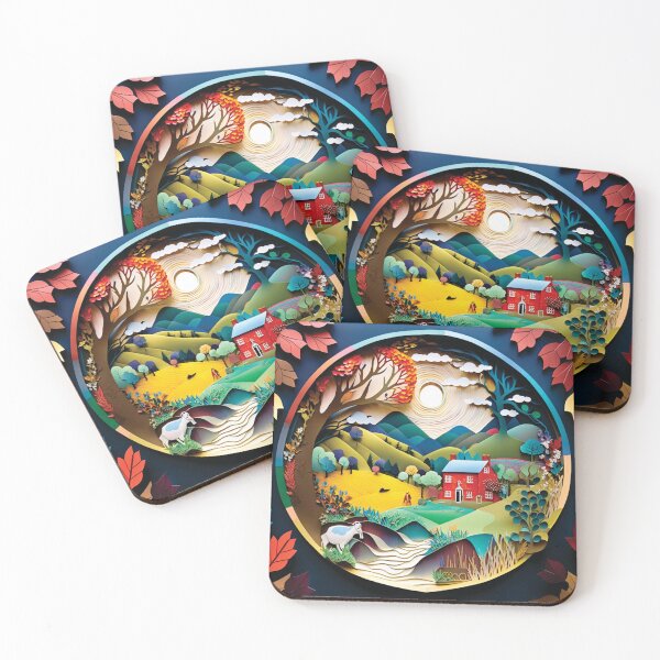 Item preview,  beautiful landscape with red house in background, paper cut style designed and sold by artpapercuts.