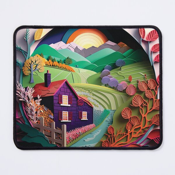 Item preview, beautiful country cabin in a sunset, paper cut style designed and sold by artpapercuts.